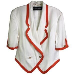Louis Féraud Blazer Jacket Womens 10 White Orange Trim Gold Buttons Short Sleeve